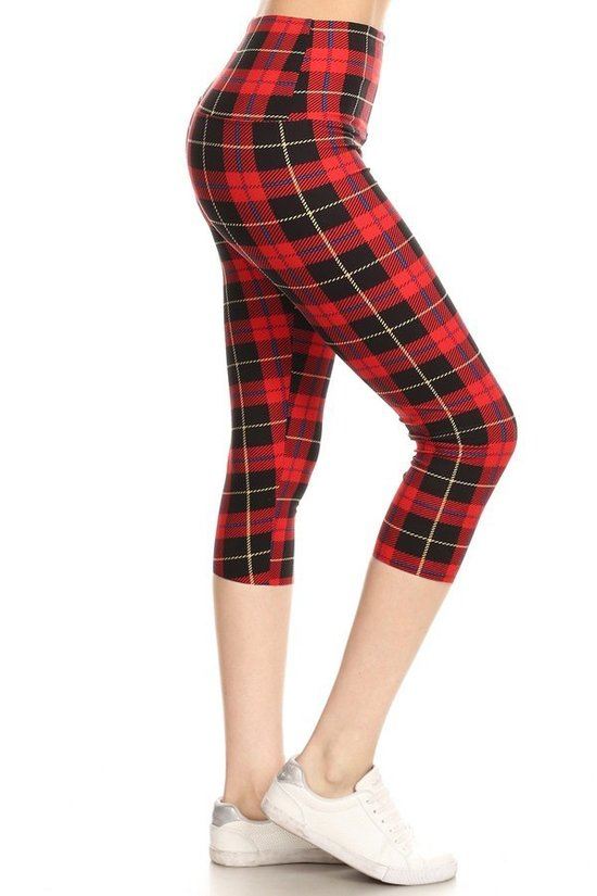 Yoga Style Banded Lined Plaid & Checkered Printed Knit Capri Legging With High Waist