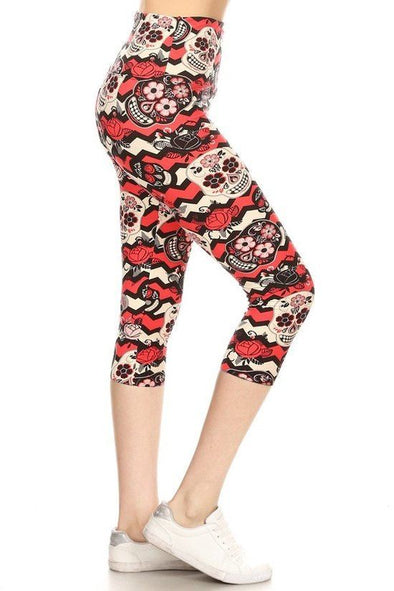 Yoga Style Banded Lined Sugar Skull Printed Knit Capri Legging With High Waist