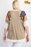 Fun & Colorful Short Sleeves Cotton Slub Knit Color Block Top