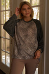 Plus Size Khaki & Charcoal Leopard Print Long Sleeve Relaxed Top