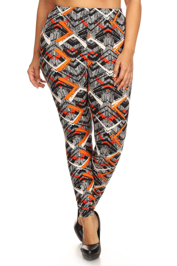 Plus Size Abstract Print, Full Length Leggings In A Slim Fitting Style With A Banded High Waist