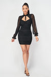 Ruched Cut-out Sheer Long Sleeve Mini Dress