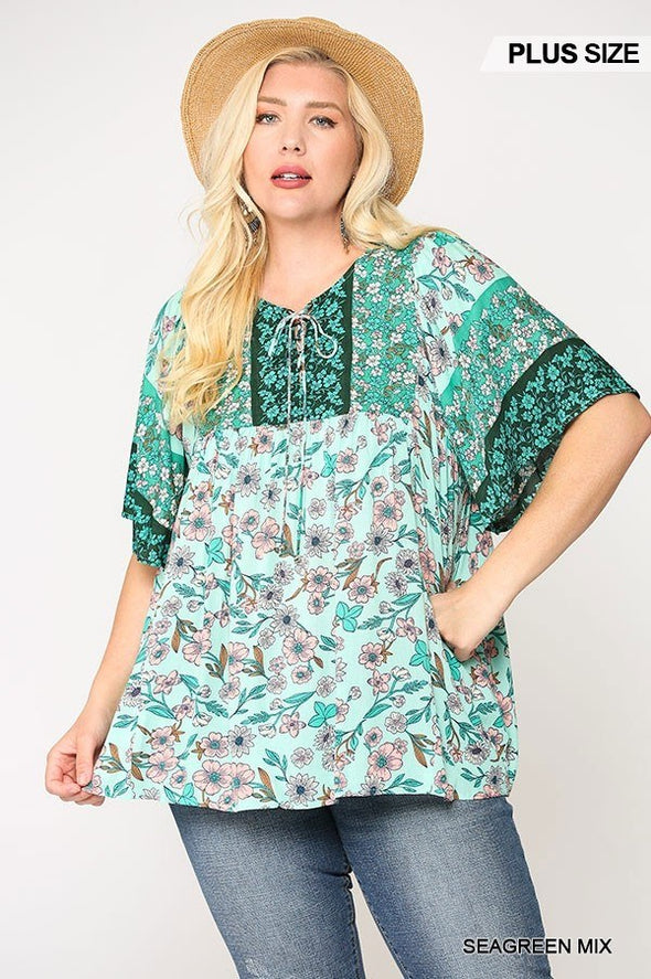 Floral Print Lace Up Flutter Sleeve Top