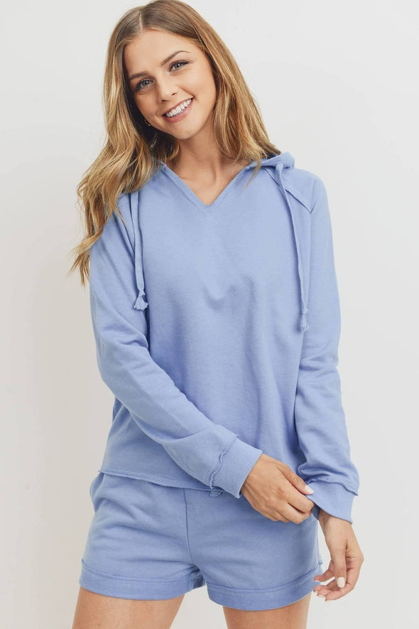 French Terry Hood With V-neck Long Sleeve Top