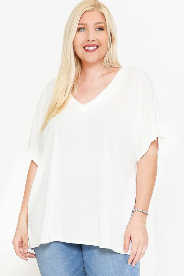 Side Slit With V-neck Dolman Short Sleeve Solid Blouse