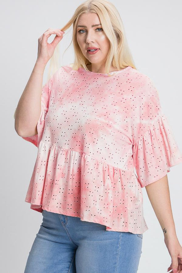 Tie Dye Ruffled Sleeves And Bottom Eyelet Blouse