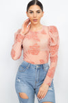 Floral-embroidered Long Puff Sleeves Top