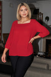 Plus Red Square Neck 3/4 Puff Sleeve With Elasticated Hem Loose Fit Top