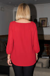 Plus Red Square Neck 3/4 Puff Sleeve With Elasticated Hem Loose Fit Top