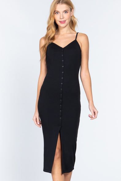 Fron Button Slit Rib Cami Midi Dress