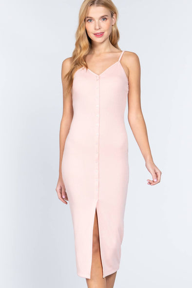 Fron Button Slit Rib Cami Midi Dress