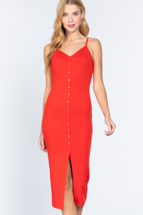 Fron Button Slit Rib Cami Midi Dress