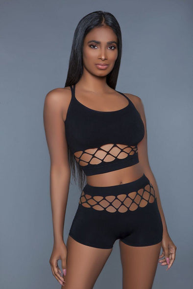 2 pc silk fishnet set that includes a tank crop top with criss-cross cami straps and a pair of high waisted booty shorts