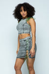 Stretchable Denim Cropped Top/stretchable Denim High-waist Skirt Set