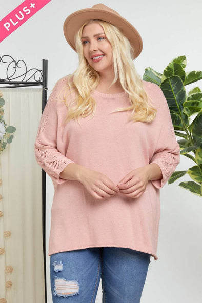 Solid Round Neck 3/4 Sleeve Sweater Top