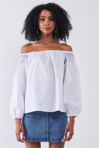 White Multi Shoulder Stitches Off-the-shoulder Long Balloon Sleeve Top
