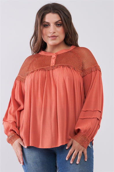 Plus Size Boho Sheer Net Mesh Balloon Sleeve Detail Relaxed Top