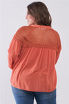 Plus Size Boho Sheer Net Mesh Balloon Sleeve Detail Relaxed Top