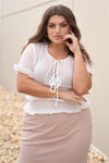 Plus Short Sleeve U-neck With Self-tie Detail Frill Smocked Sheer Top