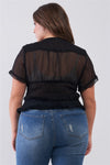 Plus Short Sleeve U-neck With Self-tie Detail Frill Smocked Sheer Top