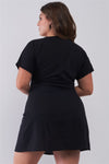Plus Black Short Sleeve V-neck Front Button Down Cotton Mini Dress