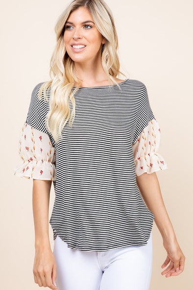 Cute Striped Curved Hem Casual Top