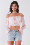 Leaf Print Off-the-shoulder Long Flounce Sleeve Self-tie Front Cropped Top