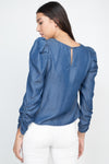Shirring Puff Sleeves Denim Top