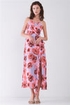 Floral Print Sleeveless Self-tie Wide Wrap Front Ruffle Hem Side Slit Detail Midi Dress