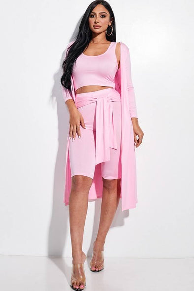 Solid Knit Sleeveless Tank Top, Tie Front Biker Shorts And Duster 3 Piece Set