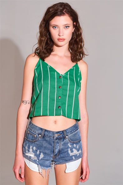 Green & White Striped Sleeveless V-neck Button-down Front Crop Top