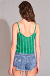 Green & White Striped Sleeveless V-neck Button-down Front Crop Top