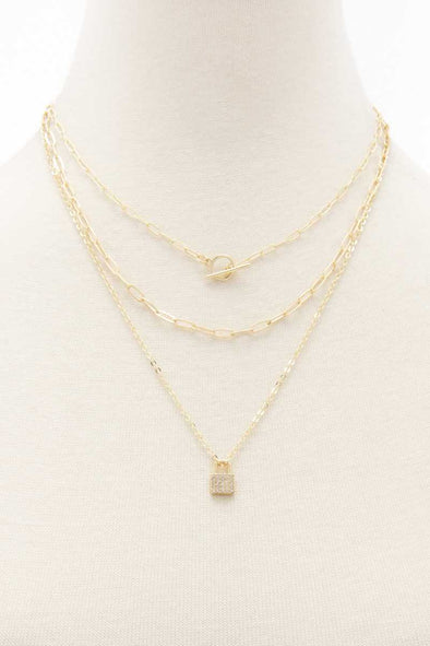 Lock Charm Oval Link Layered Necklace