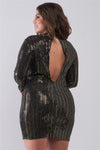 Plus Size Black Gold Sequin Mesh Long Sleeve Mock Neck Slit Back Detail Relaxed Mini Dress