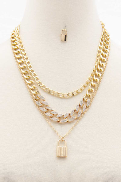 Lock Charm Curb Link Layered Necklace