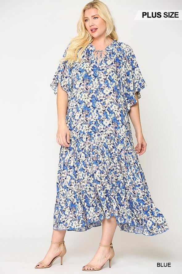 Floral Frill Detail Flowy Maxi Dress With Neck Tie