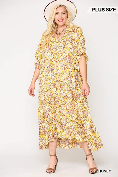 Floral Frill Detail Flowy Maxi Dress With Neck Tie