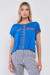 Royal Blue Boat Neck Short Sleeve See-trough Cross Cut-in Detail With Floral Embroidery Top