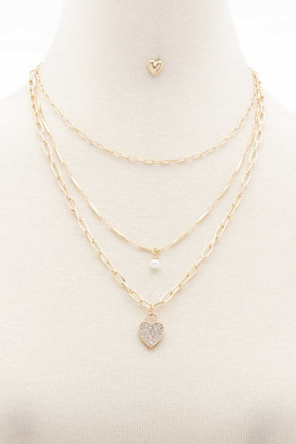 Rhinestone Heart Charm Layered Necklace