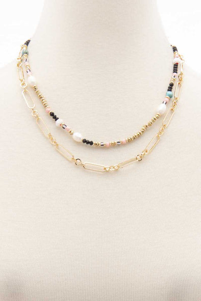 Seed Bead Oval Link Layered Necklace