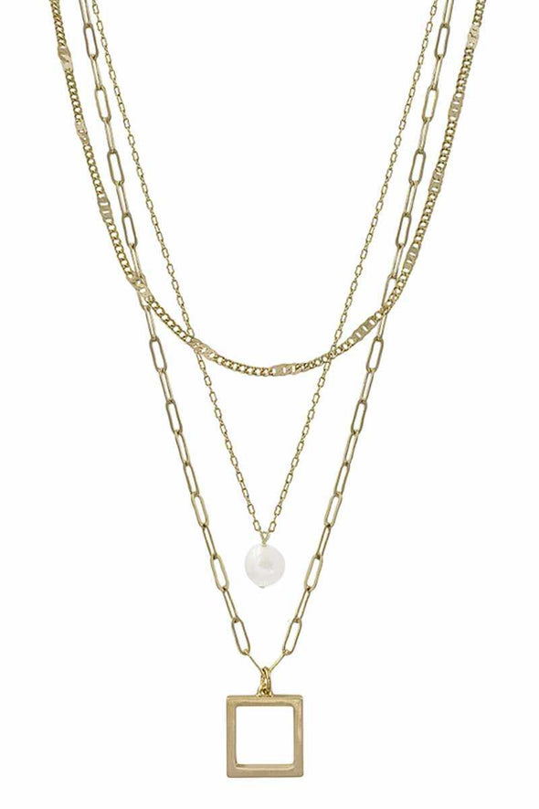 3 Layered Metal Chain Square & Pearl Pendant Necklace