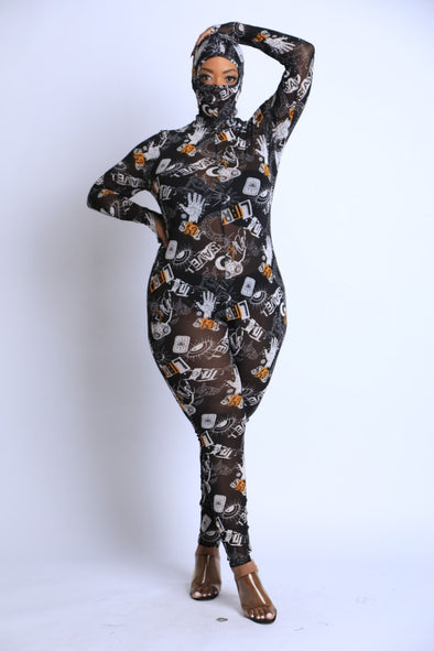 Printed Mesh Jumpsuit With Headpiece