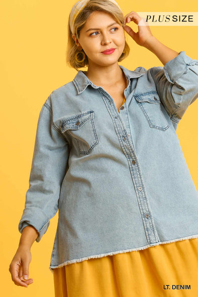 Chest Pockets Collar Button Down Denim Jacket With Unfinished High Low Hem