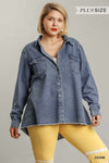 Chest Pockets Collar Button Down Denim Jacket With Unfinished High Low Hem