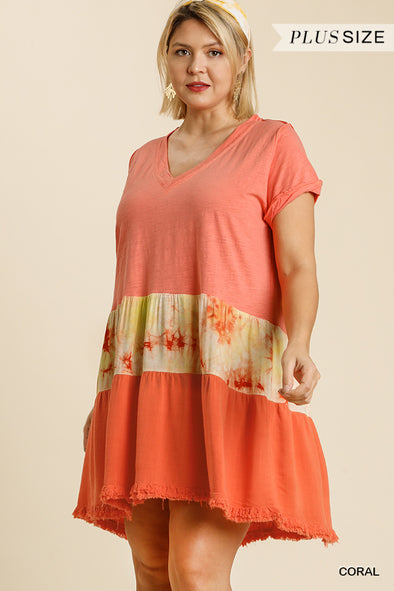 Tie Dye V-neck Short Folded Sleeve Raw Edged Detail Dress With Fringed Hem