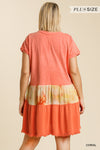 Tie Dye V-neck Short Folded Sleeve Raw Edged Detail Dress With Fringed Hem