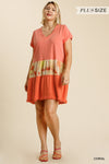 Tie Dye V-neck Short Folded Sleeve Raw Edged Detail Dress With Fringed Hem