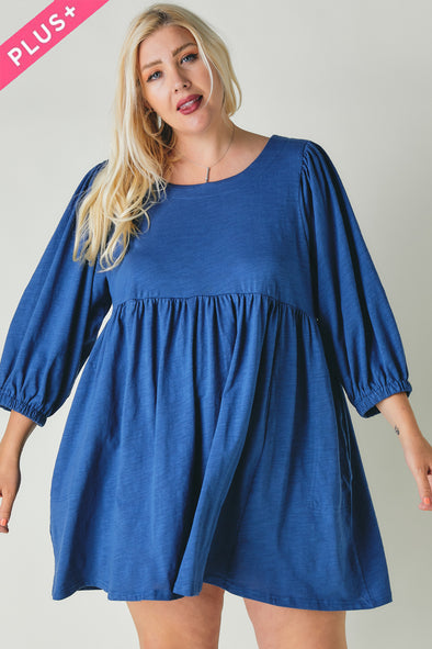 Plus Solid Round Neck Mini Dress