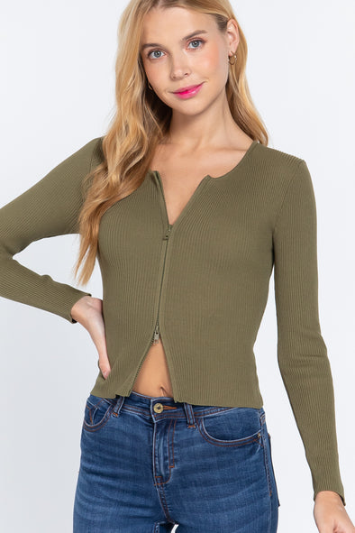 Rib Sweater Top W/front Zipper