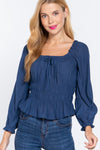 Long Slv Smocking Woven Top